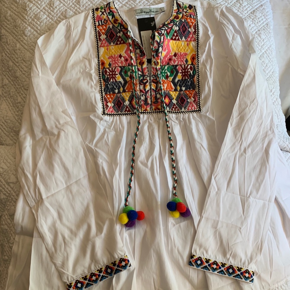 Embroidered Tunic Top with Pom Pom Drawstrings